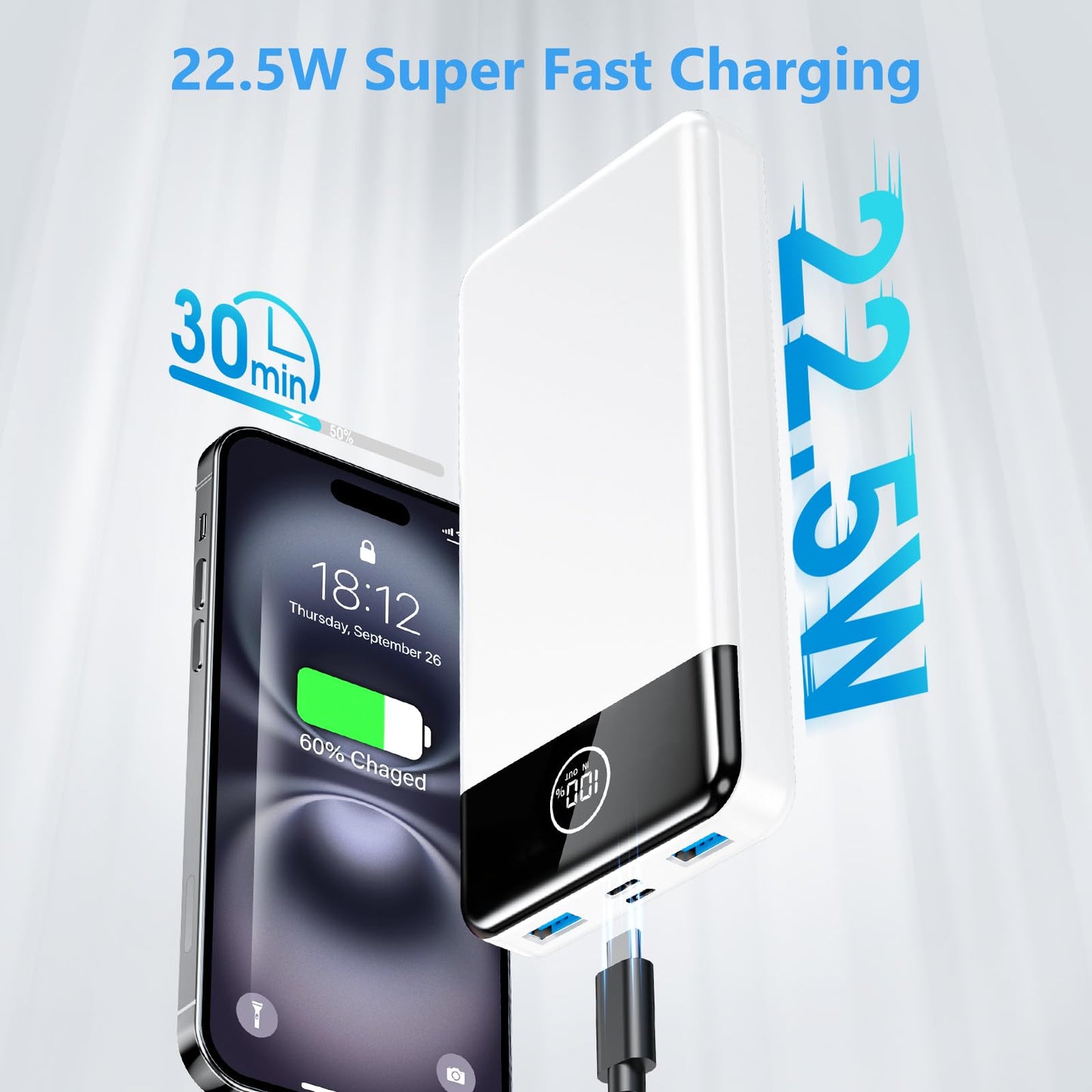 Power Bank, Portable Charger 12000mAh Fast Charging PD22.5W USB-C/USB-A Output, PowerBank Phone Battery Pack for iPhone 17 Air 16 15 14 13 Plus Pro Max Mini Glaxy