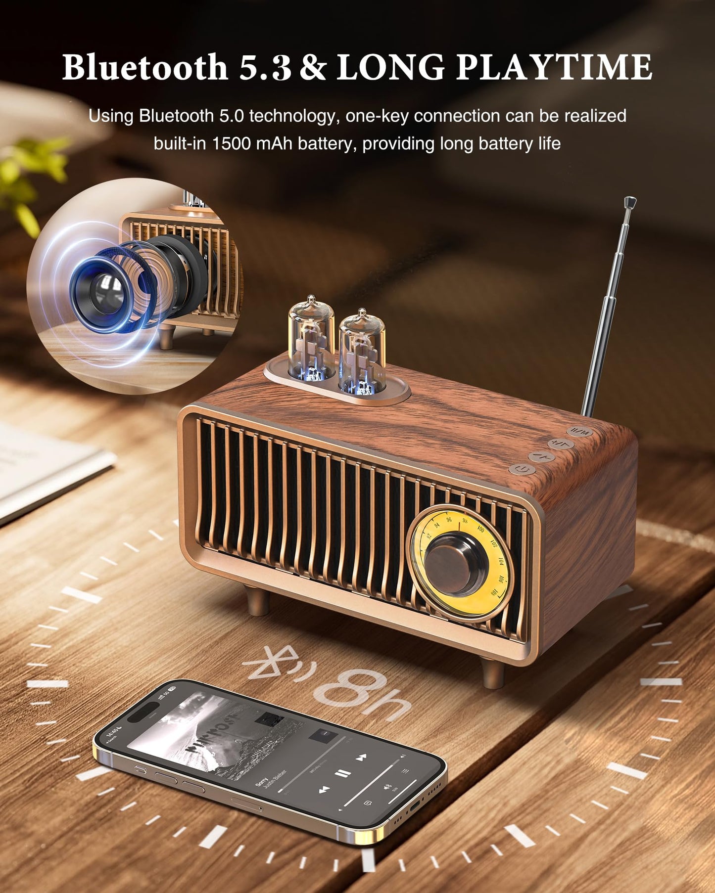 COLSUR Retro Radio, Portable Bluetooth Speaker with FM Vintage Radio, Small Radios Mains and 1500mAh Battery, Support TF Card/AUX/USB, MP3 Player, 5W Speaker, Bluetooth 5.3