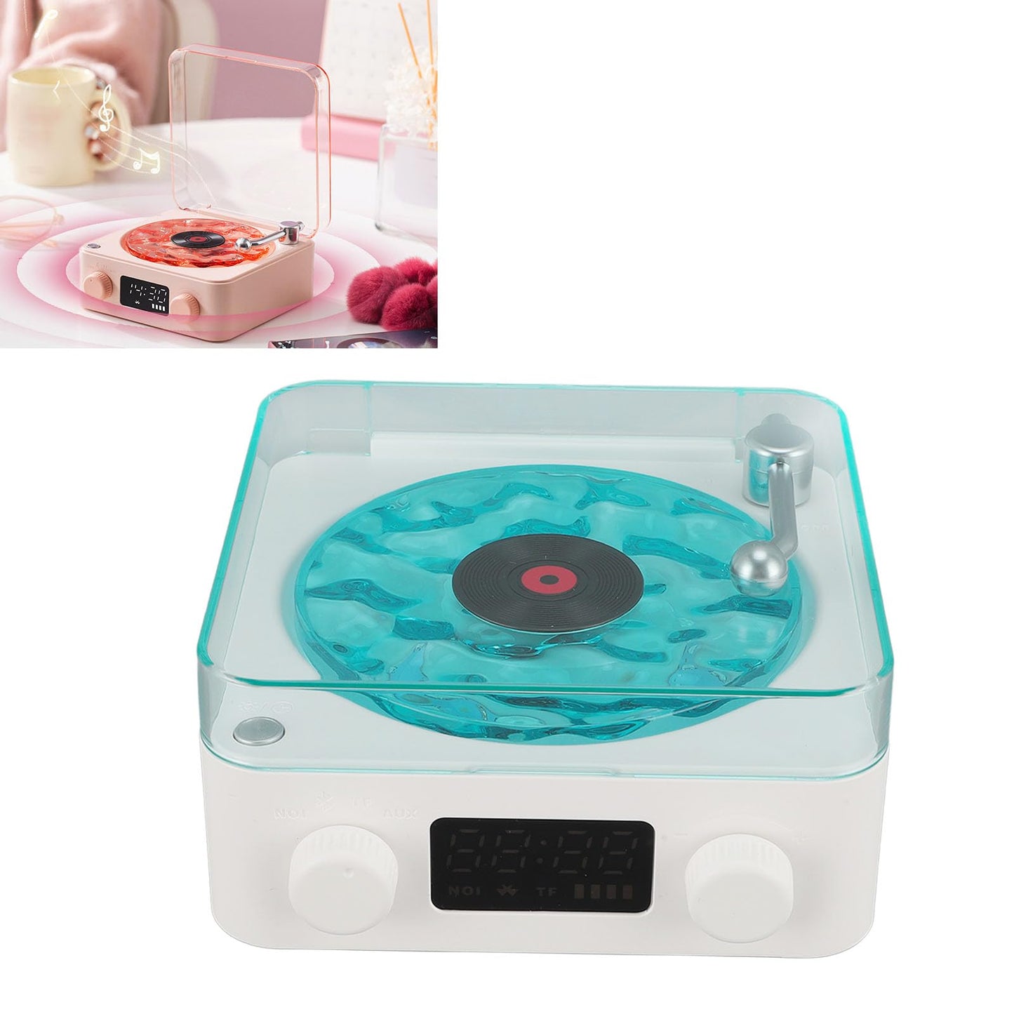 Bluetooth Record Player, 3 in 1 Record Player Style Speaker with Night Light and Time Display,Mini Record Player with 4 Sounds of Nature (White)