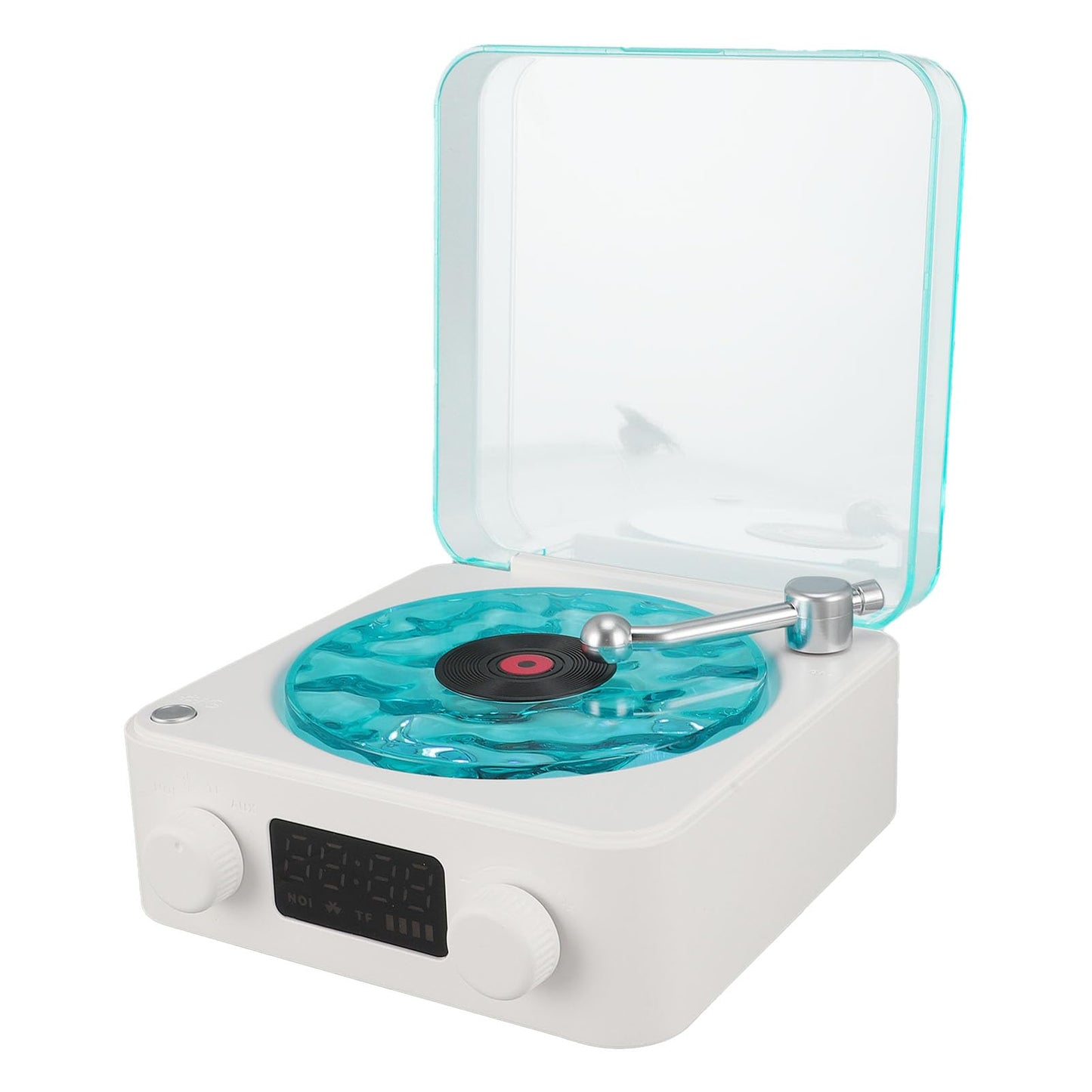 Bluetooth Record Player, 3 in 1 Record Player Style Speaker with Night Light and Time Display,Mini Record Player with 4 Sounds of Nature (White)
