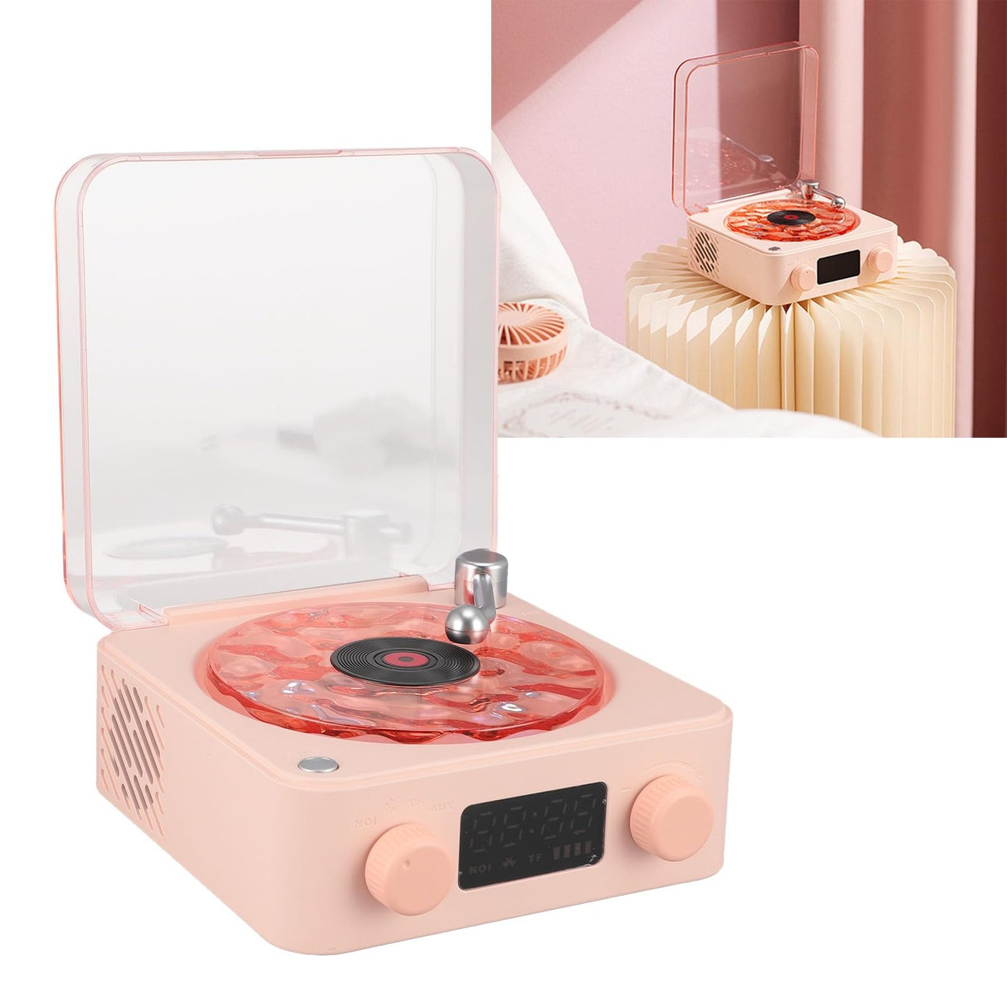 Bluetooth Record Player, 3 in 1 Record Player Style Speaker with Night Light and Time Display,Mini Record Player with 4 Sounds of Nature (White)