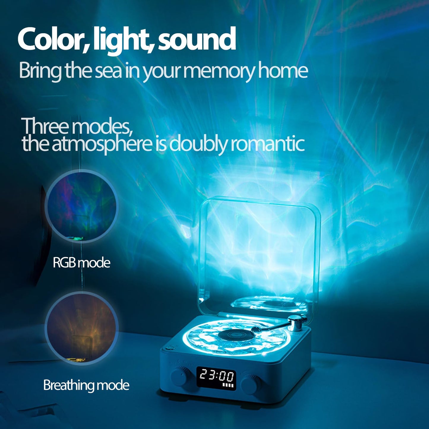 Bluetooth Record Player, 3 in 1 Record Player Style Speaker with Night Light and Time Display,Mini Record Player with 4 Sounds of Nature (White)