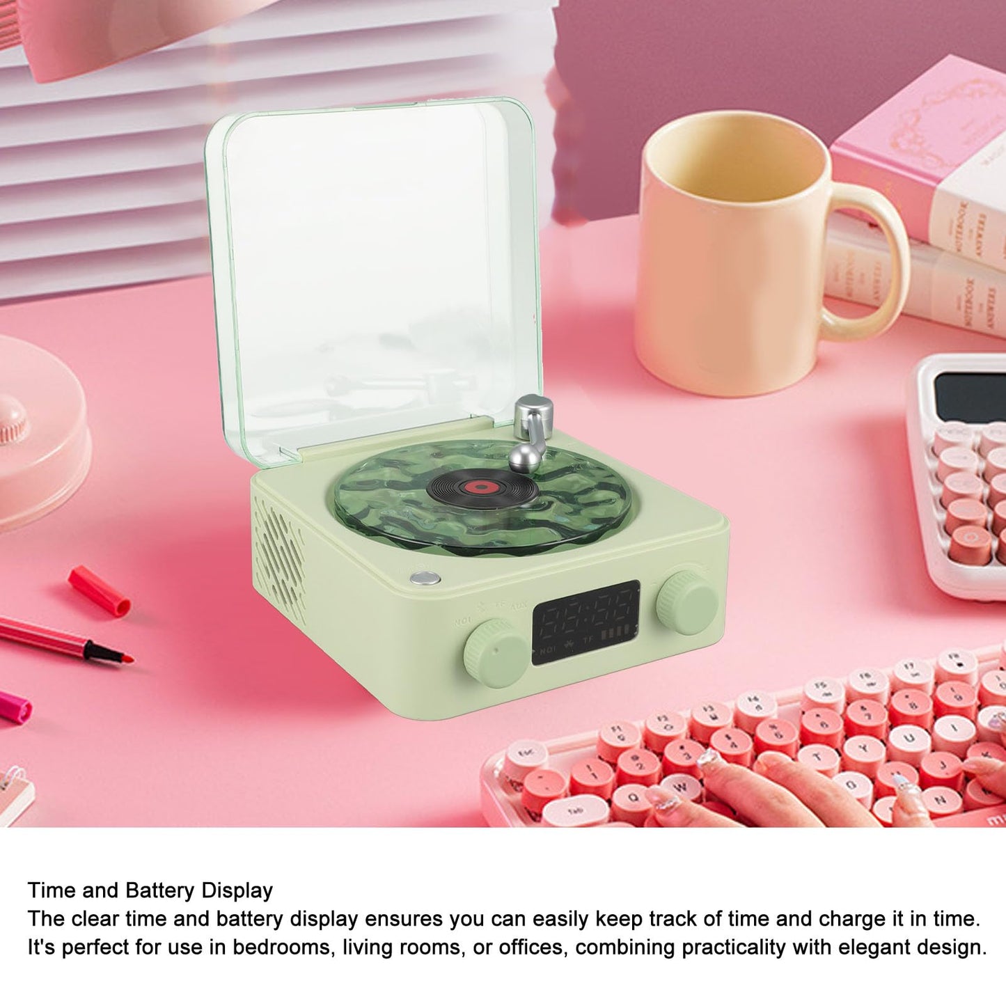 Bluetooth Record Player, 3 in 1 Record Player Style Speaker with Night Light and Time Display,Mini Record Player with 4 Sounds of Nature (White)