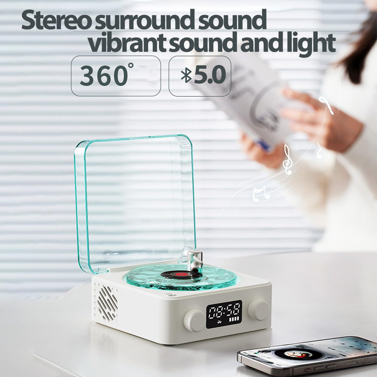 Bluetooth Record Player, 3 in 1 Record Player Style Speaker with Night Light and Time Display,Mini Record Player with 4 Sounds of Nature (White)